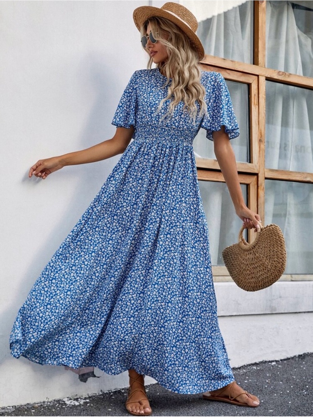 Blue Floral Smocked Waist Maxi Dress
